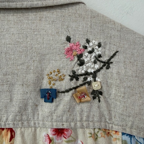 Vintage Boho Linen Blend Floral Patchwork Jacket Sz L Natural Cottagecore Artsy - Picture 8 of 10